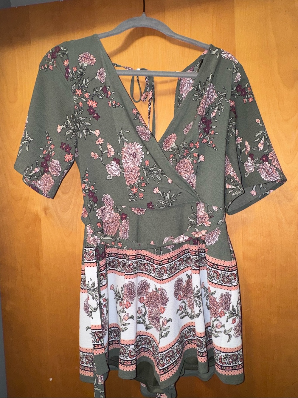 Blue Rain Olive Green Floral Wrap Romper with Pink and Cream Border